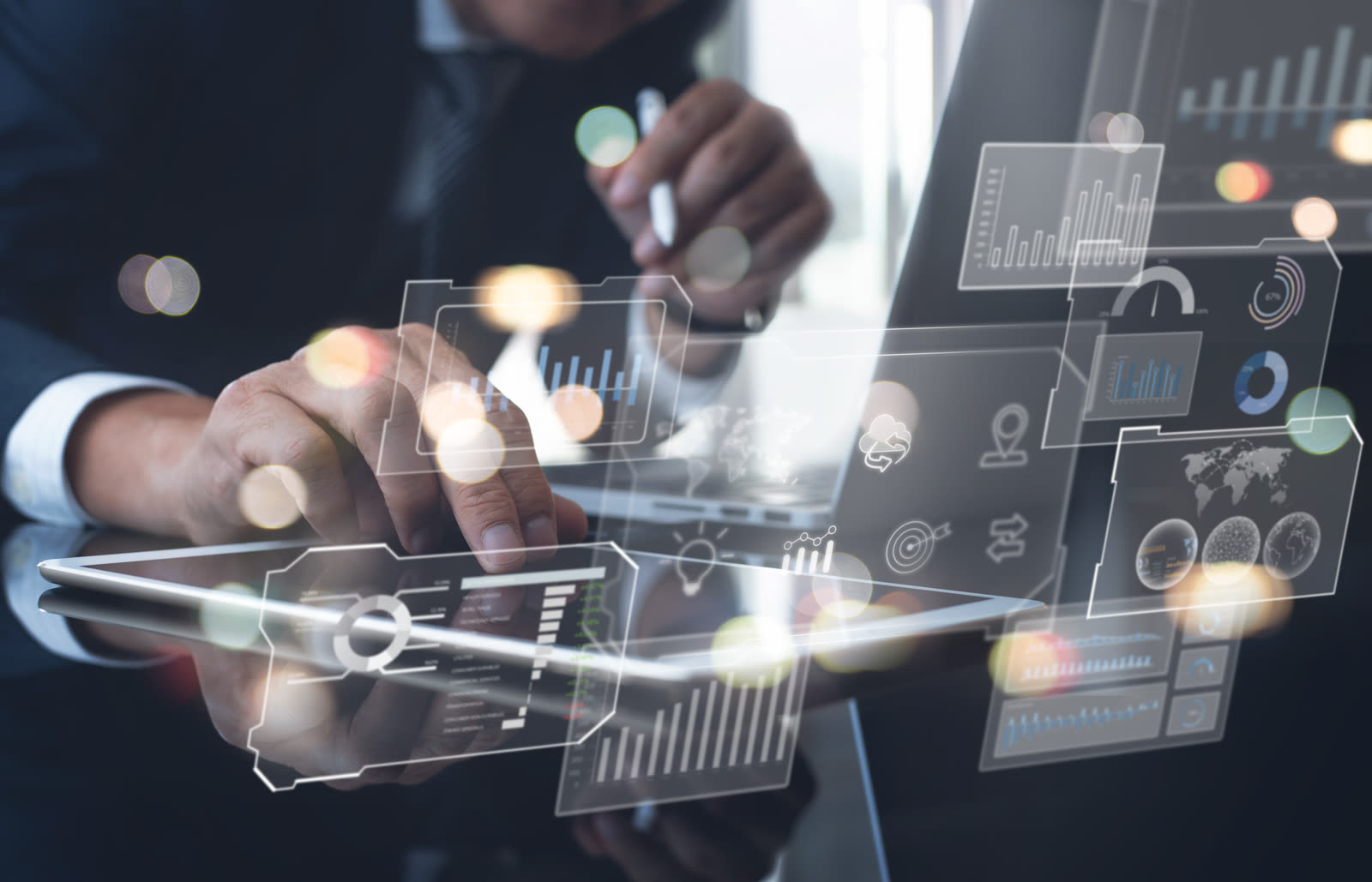 Data scientist analyzing information on a digital interface screen, research and analytics concept