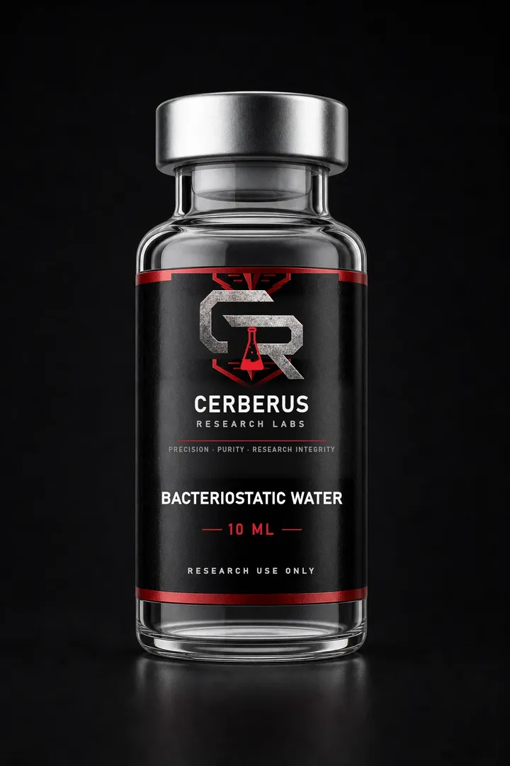 Cerberus Research Labs branded vial render for Bacteriostatic Water
