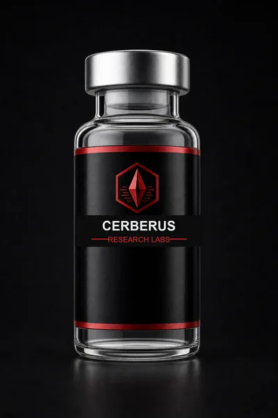 Cerberus Research Labs branded vial render for Admax