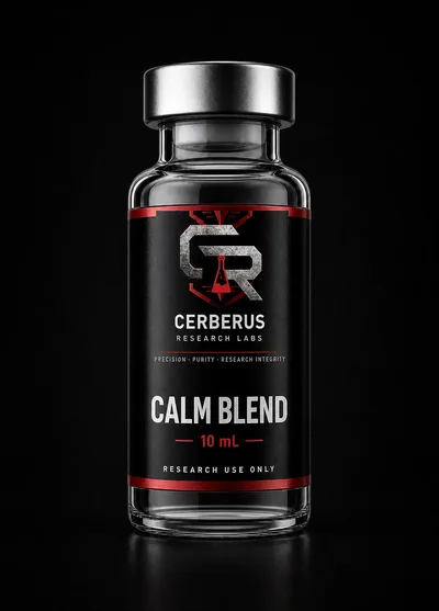 Cerberus Research Labs branded vial render for GABA 100mg / Histidine 100mg / L-theanine 50mg / Taurine 100mg / Melatonin 2mg / Lidocaine 0.2%