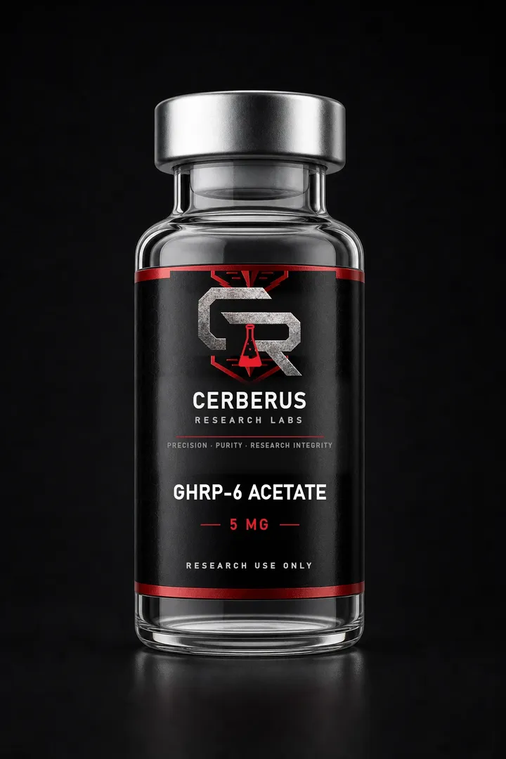 Cerberus Research Labs branded vial render for GHRP-6 Acetate