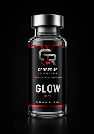 Cerberus Research Labs branded vial render for GLOW (BPC-157 10mg + GHK-Cu 50mg + TB-500 10mg)