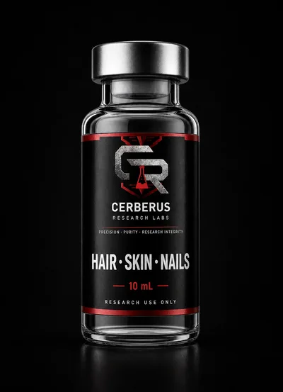 Cerberus Research Labs branded vial render for Healthy Hair Skin Nails Blend / Niacinamide 50mg / Thiamine HCL 50mg / Pantothenic ACID 25mg / Choline 10mg / Inositol 10mg / NIACIN 5mg / BIOTIN 100mcg / FOLIC ACID 100mcg / Riboflavin 100mcg