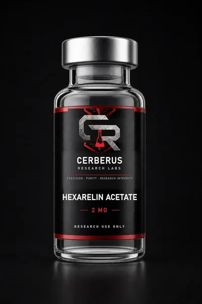 Cerberus Research Labs branded vial render for Hexarelin Acetate