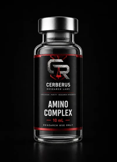 Cerberus Research Labs branded vial render for L-carnitine 20mg / L-arginine 20mg / Methionine 25mg / Inositol 50mg / Choline 50mg / B6 (pyridoxine) 25mg / B5(dexpanthenol) 25mg / B12 (methy|cobalamin) 1mg