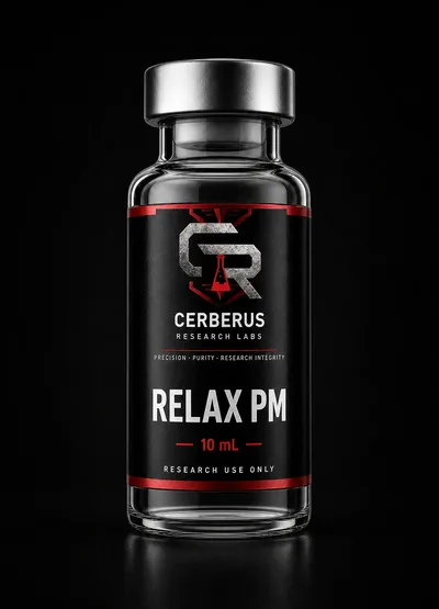 Cerberus Research Labs branded vial render for Relaxation PM Blend