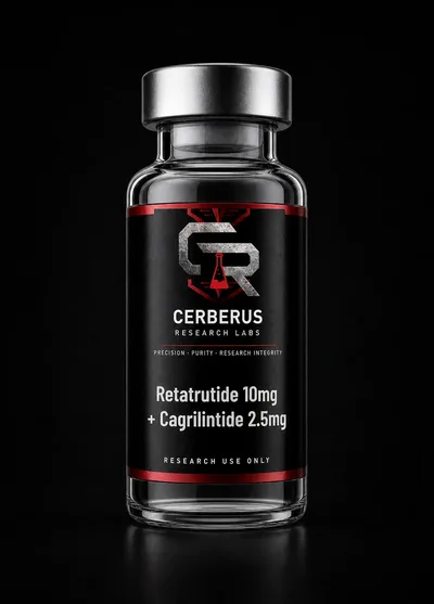 Cerberus Research Labs branded vial render for Retatrutide 10mg + Cagrilintide 2.5mg
