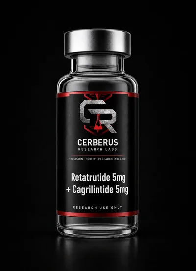 Cerberus Research Labs branded vial render for Retatrutide 5mg + Cagrilintide 5mg