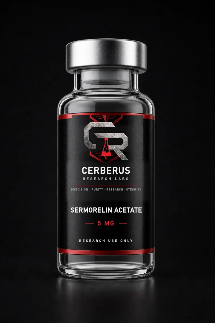 Cerberus Research Labs branded vial render for Sermorelin Acetate