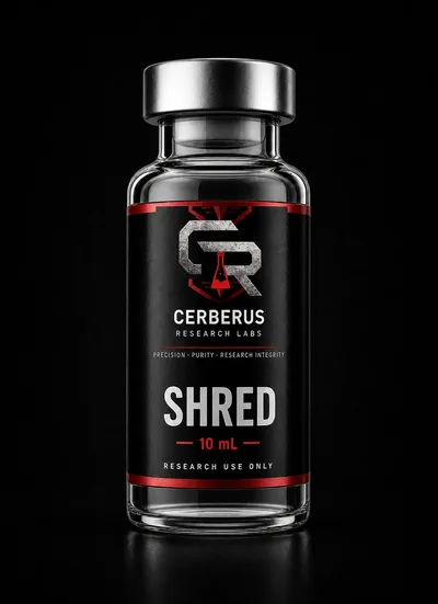 Cerberus Research Labs branded vial render for SHRED Blend