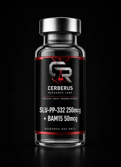 Cerberus Research Labs branded vial render for SLU-PP-332 250mcg + BAM15 50mcg