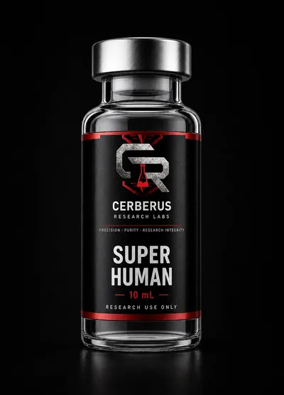Cerberus Research Labs branded vial render for Super Human Blend