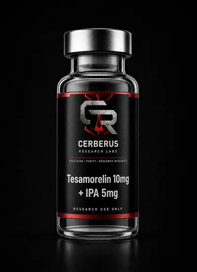 Cerberus Research Labs branded vial render for Tesamorelin 10mg + IPA 5mg