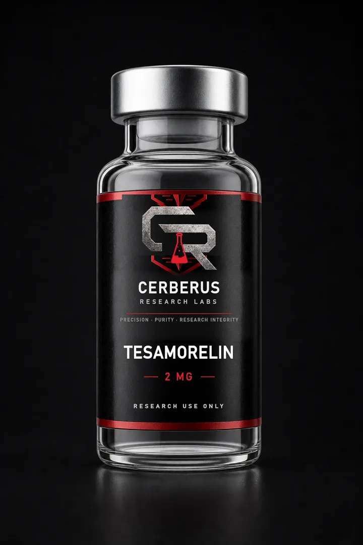 Cerberus Research Labs branded vial render for Tesamorelin